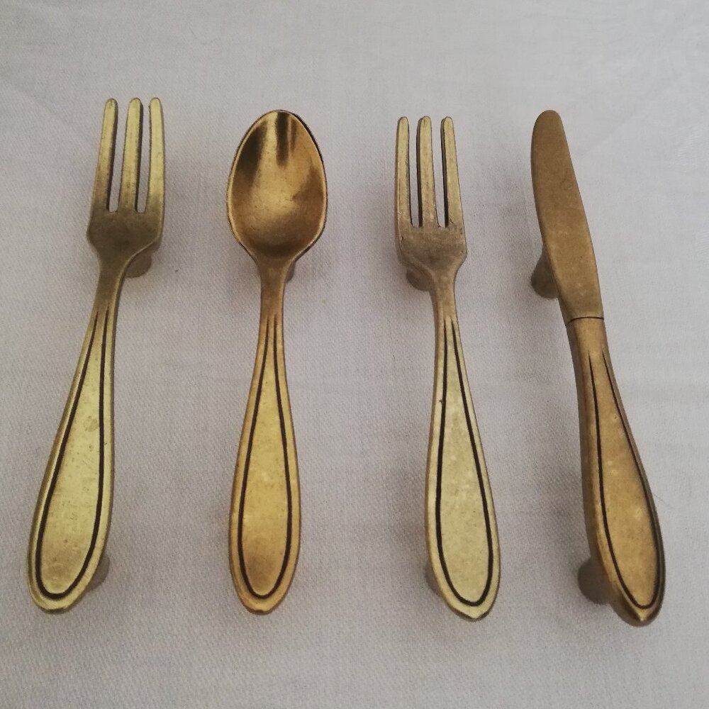 Solid Brass Novelty Cutlery Cabinet Handles / Drawer Pulls – Set of 4